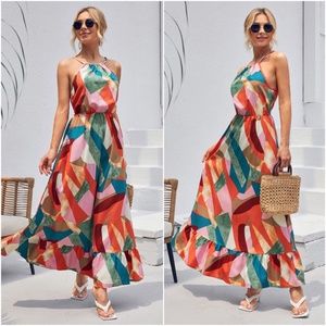 Boho Pink Multicolor Ruffle Hem Halter Maxi Dress